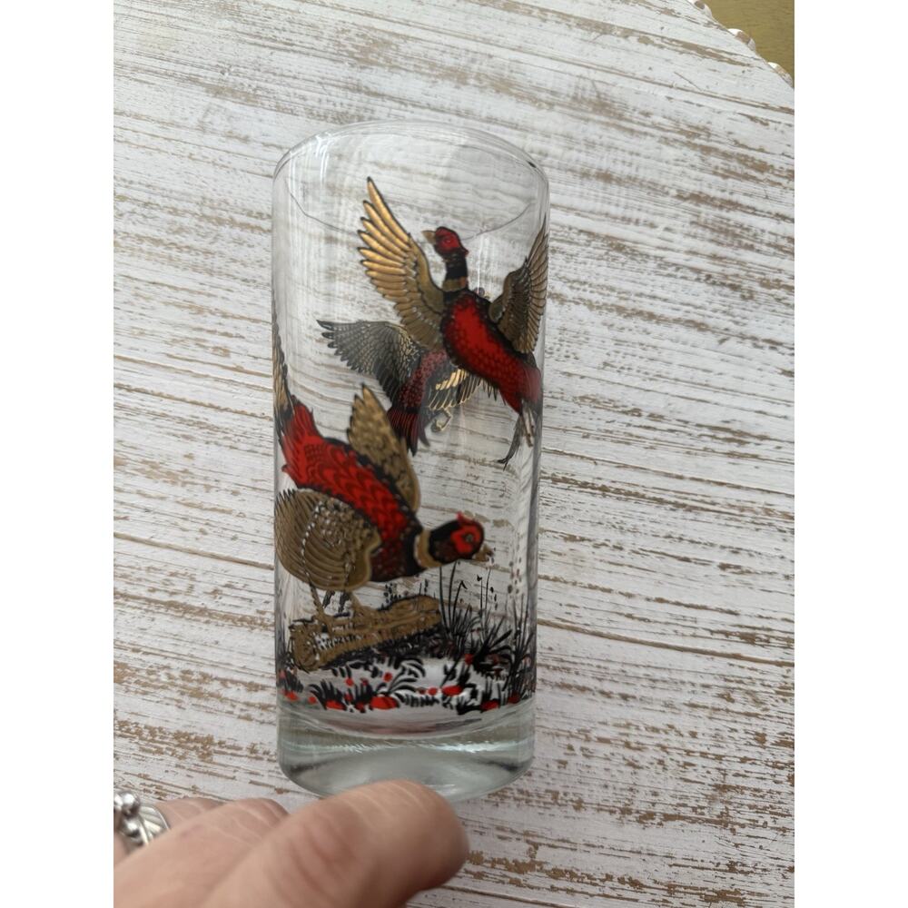 Vintage MCM Red Gold Ringneck Pheasant Tall Barware‎ Glass